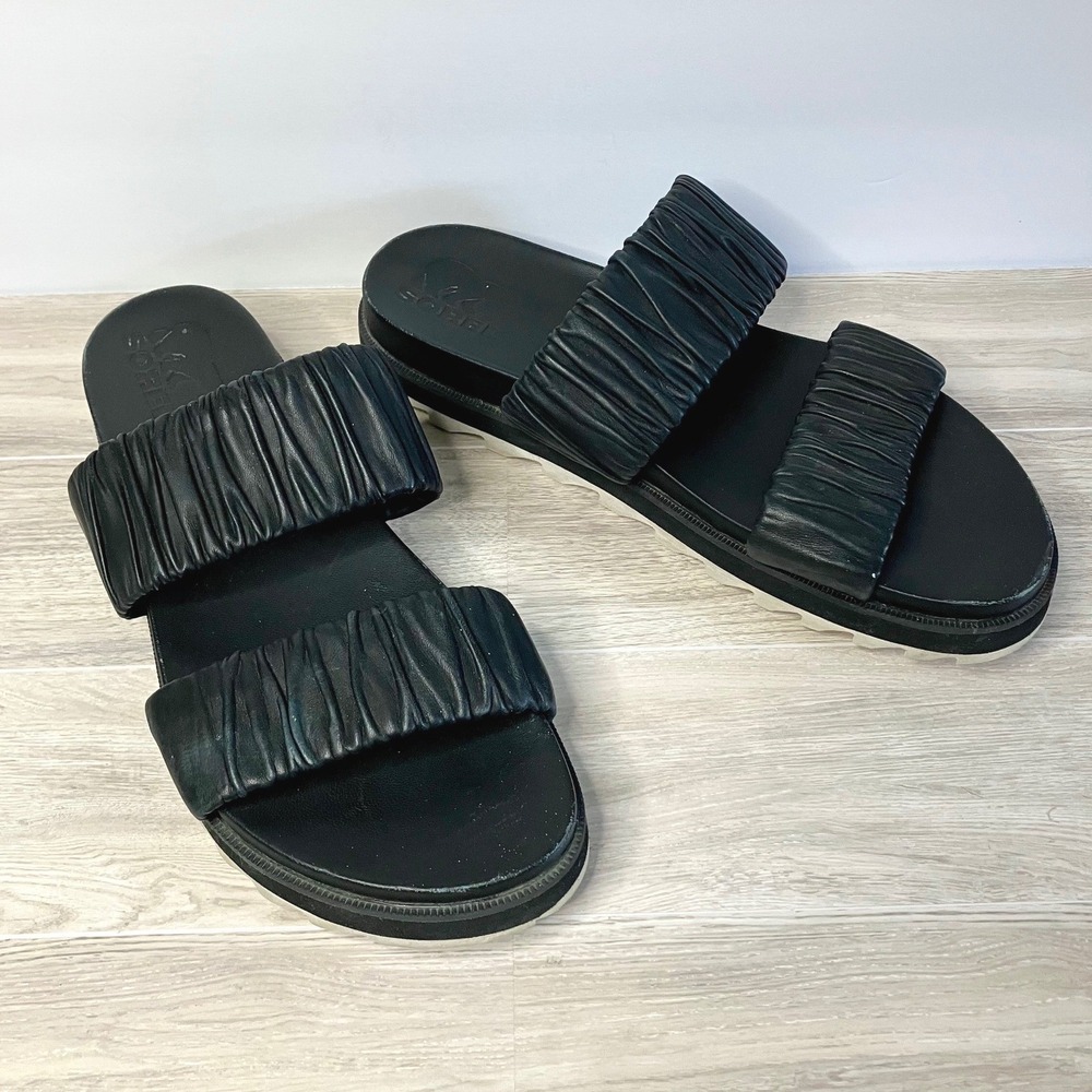 SOREL Roaming Ruched Slide Sandals Size 10 Leather Double Strap Vacation Black - Picture 9 of 11